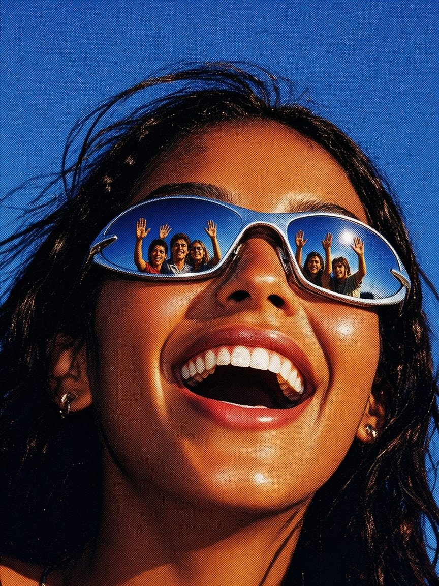 A laughing woman in chrome sunglasses that reflect friends waving under a blue sky.