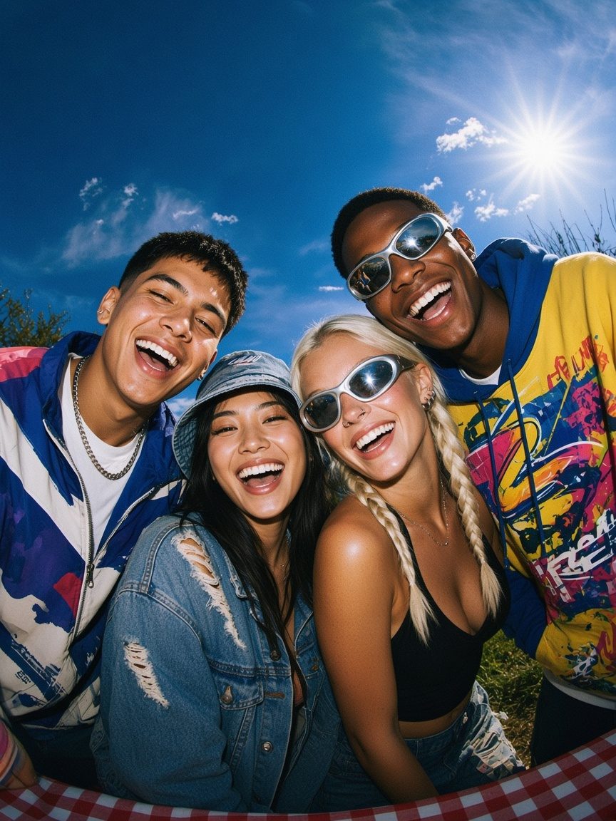 Four friends crowd into a fisheye lens laughing under a bright blue sky, two in chrome sunglasses.
