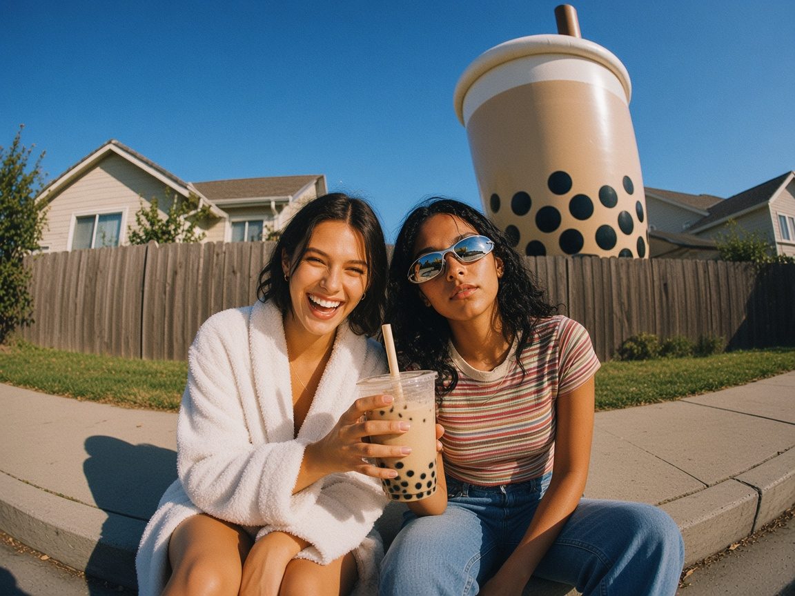 Two friends on a sunny curb with boba while a giant inflatable boba cup looms behind the fence.