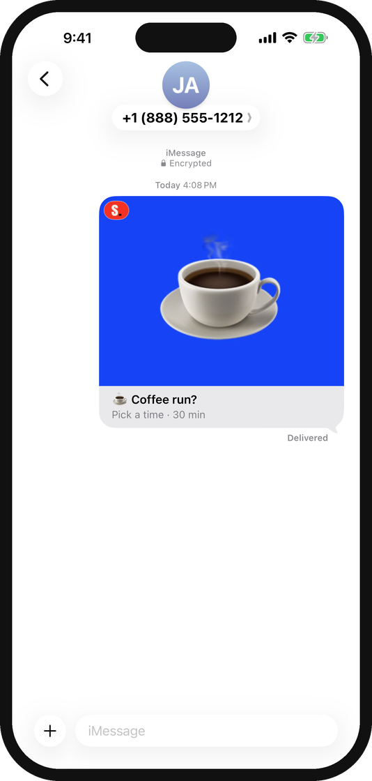 An iMessage thread with a sometime. bubble that says Coffee run?